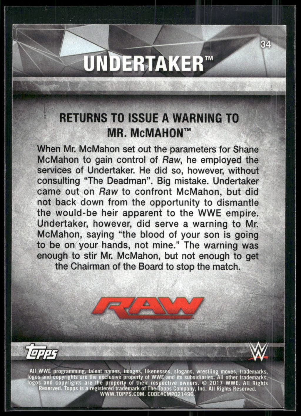 2017 Topps WWE Road To Wrestlemania #34 Undertaker