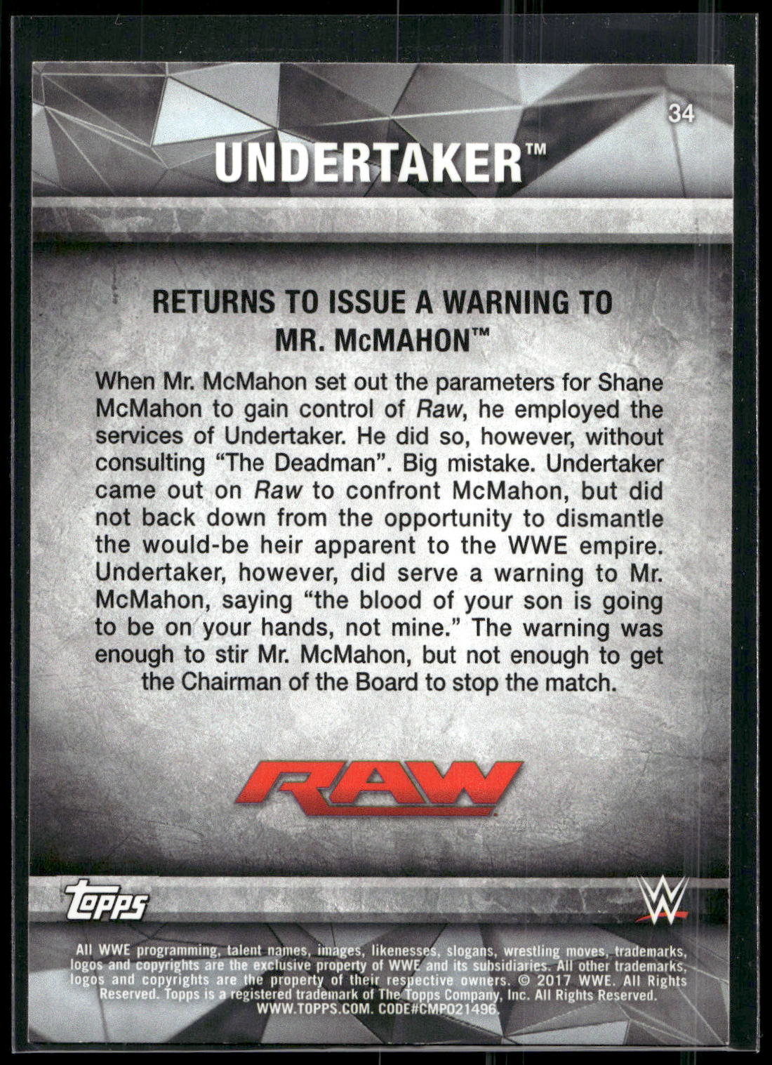 2017 Topps WWE Road To Wrestlemania #34 Undertaker