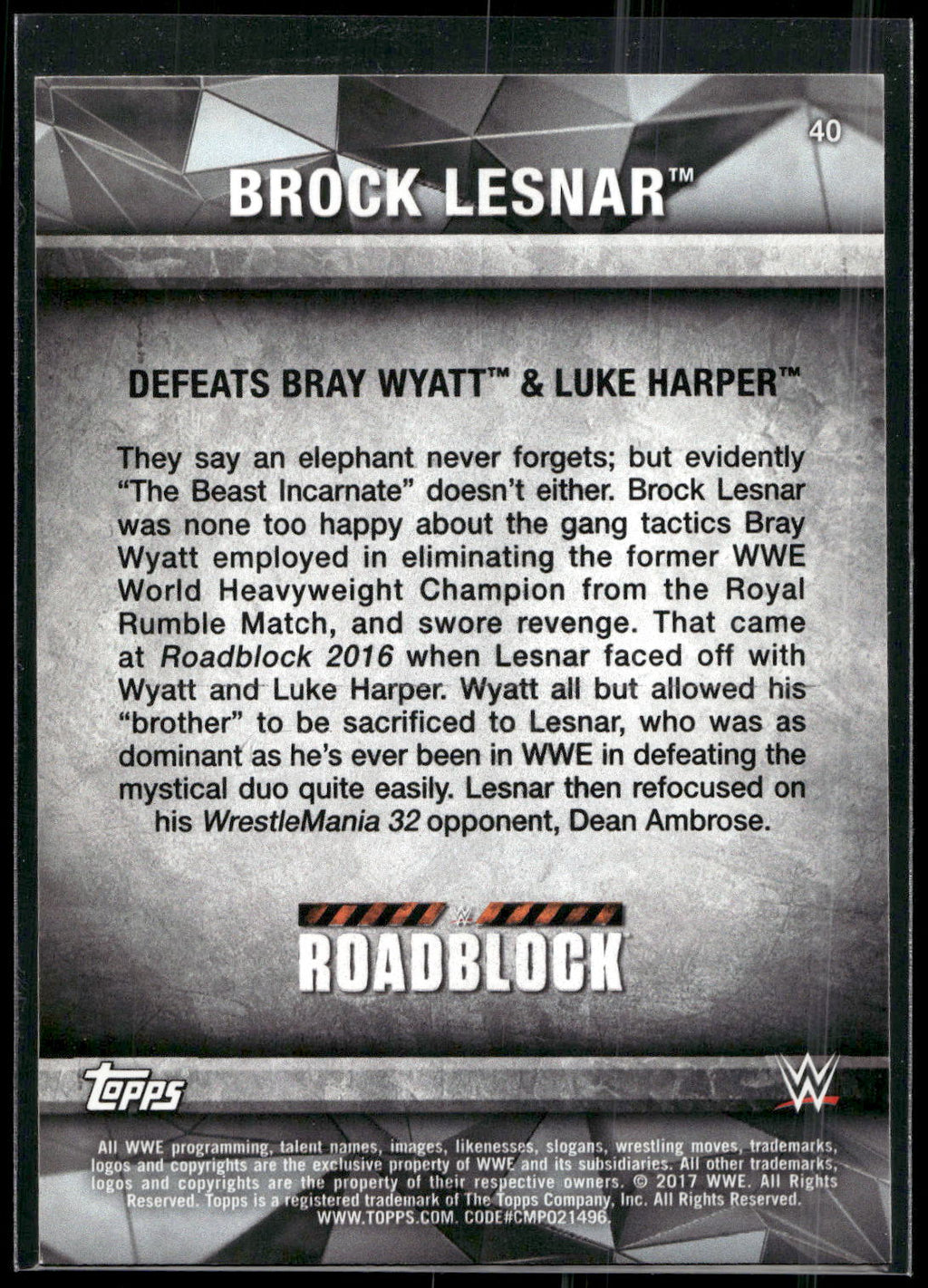 2017 Topps WWE Road To Wrestlemania #40 Brock Lesnar