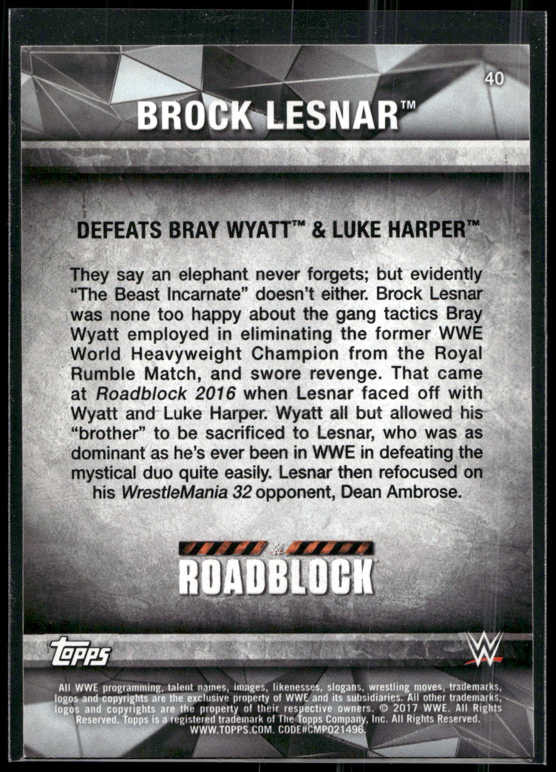 2017 Topps WWE Road To Wrestlemania #40 Brock Lesnar