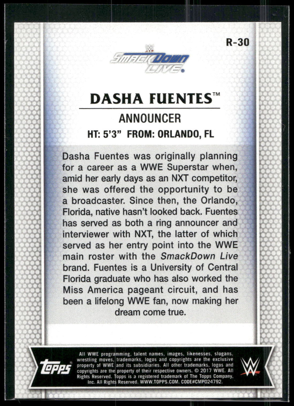 2017 Topps WWE Women's Division #R-30 Dasha Fuentes