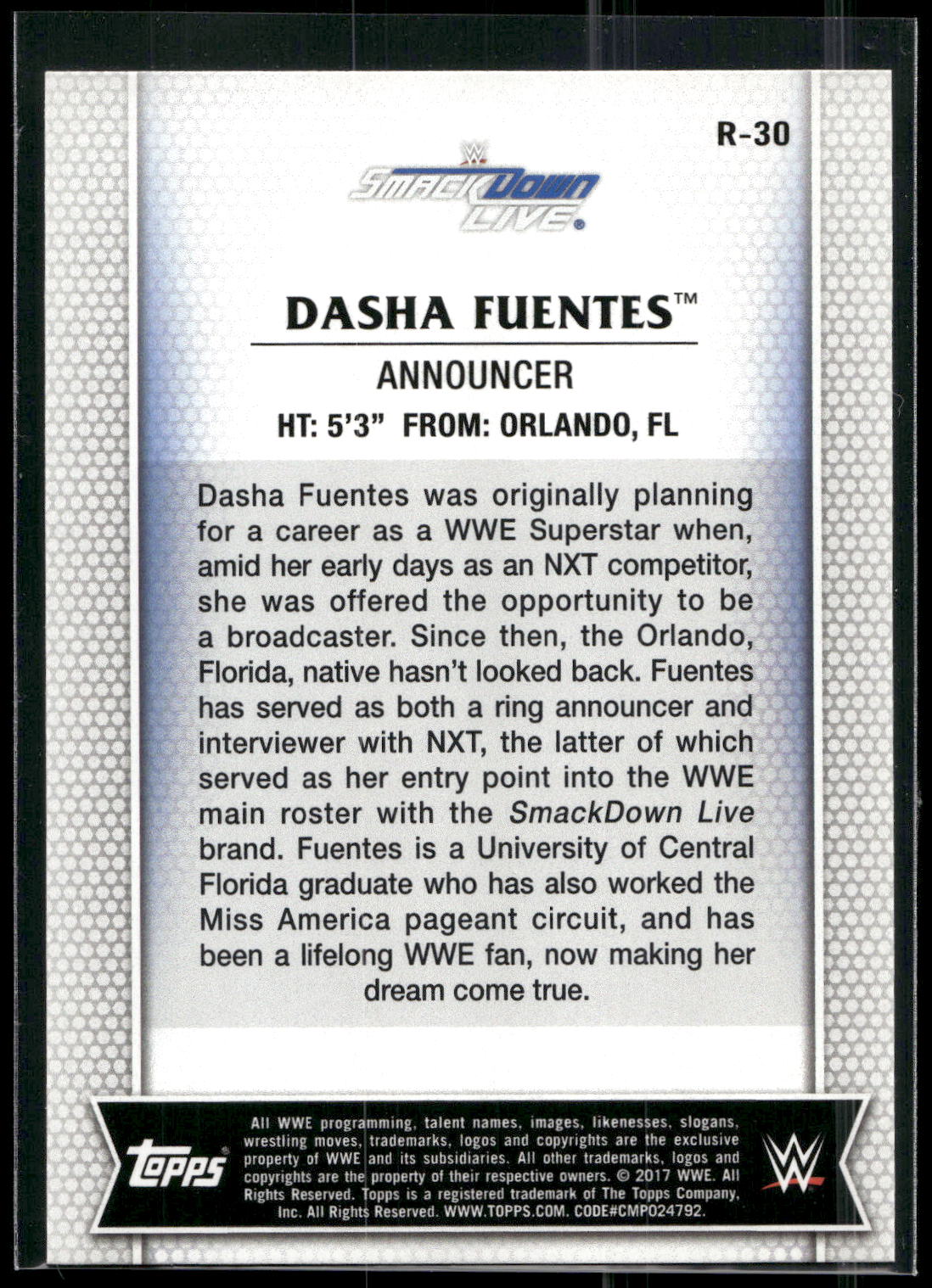 2017 Topps WWE Women's Division #R-30 Dasha Fuentes