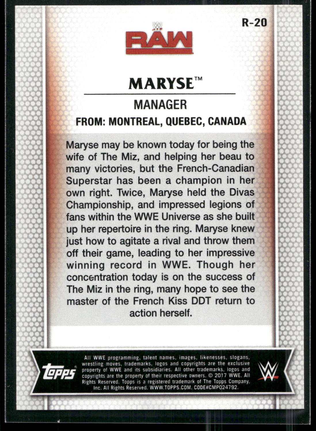 2017 Topps WWE Women's Division #R-20 Maryse