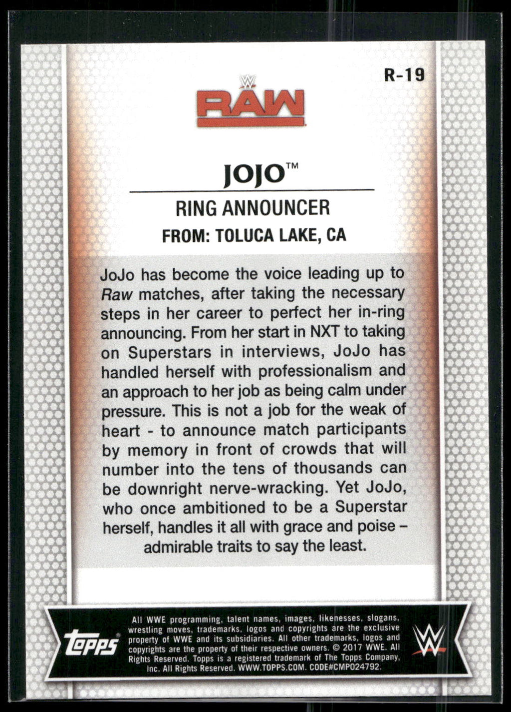 2017 Topps WWE Women's Division #R-19 JoJo