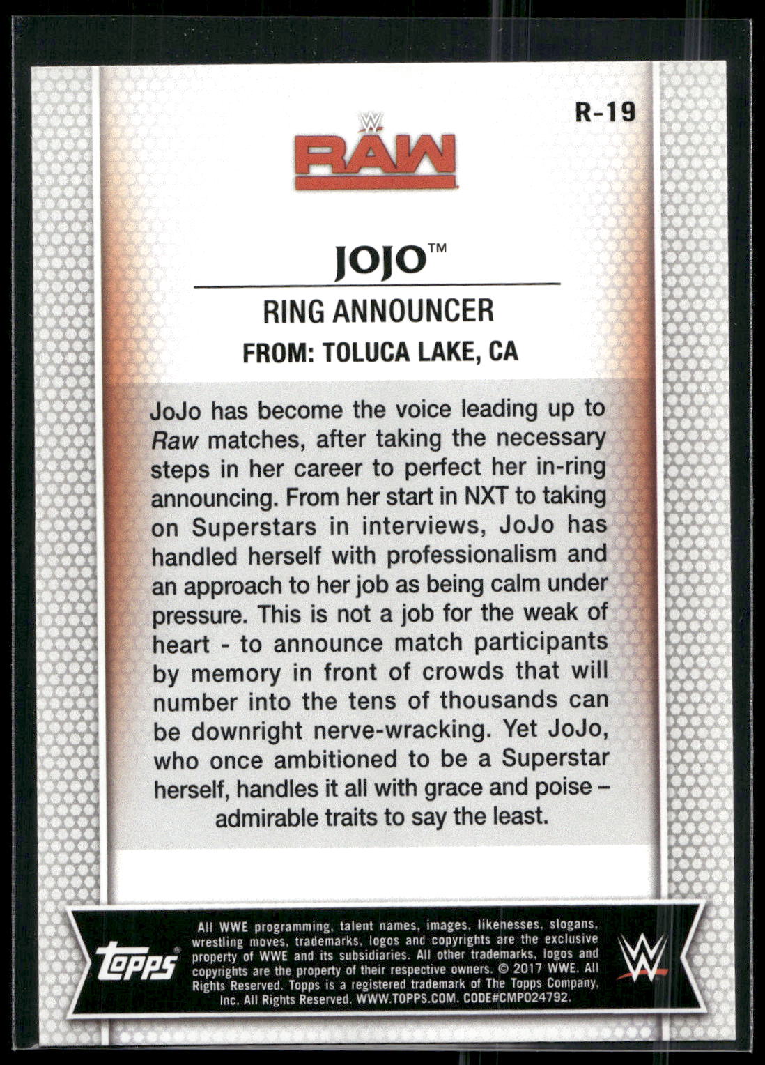 2017 Topps WWE Women's Division #R-19 JoJo