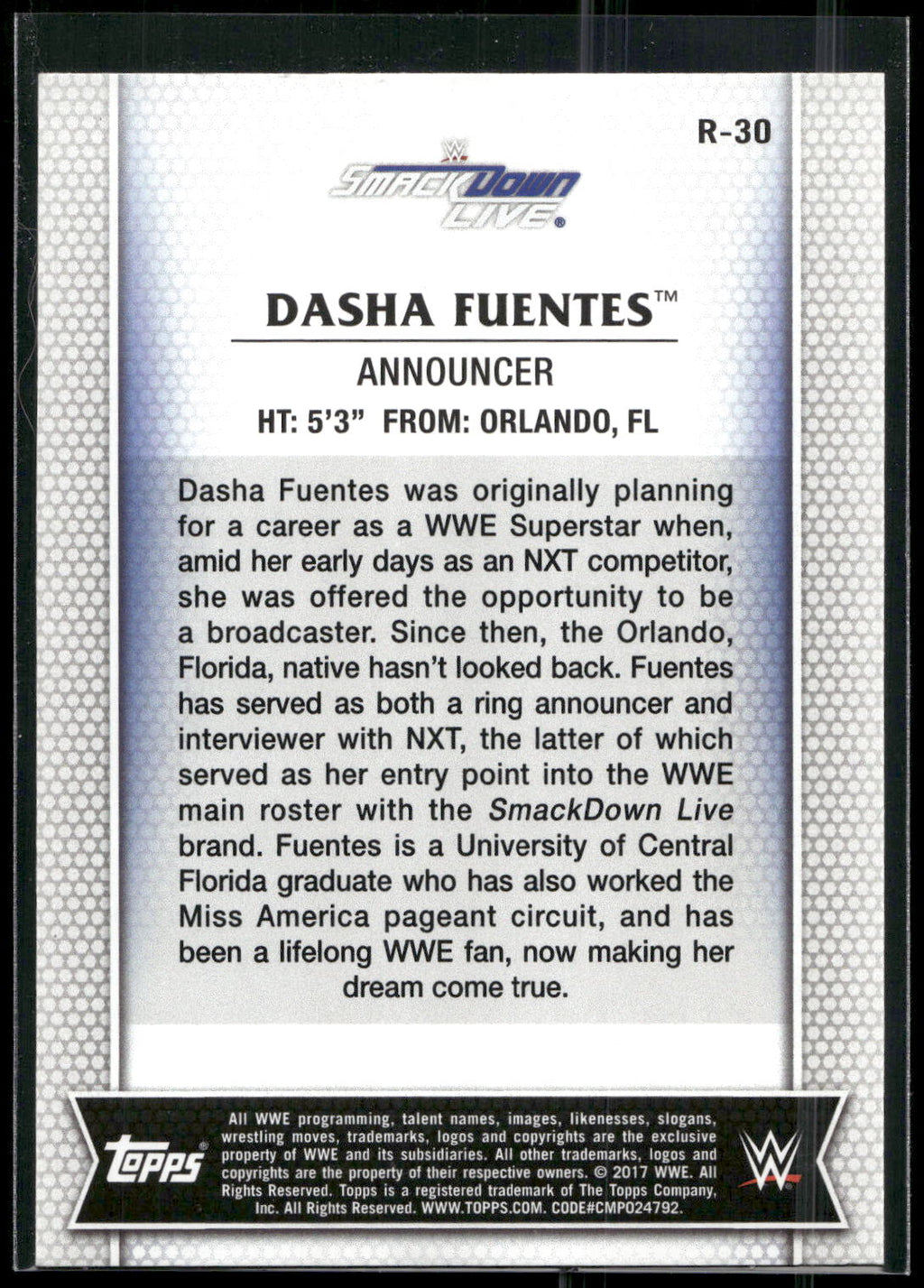 2017 Topps WWE Women's Division #R-30 Dasha Fuentes