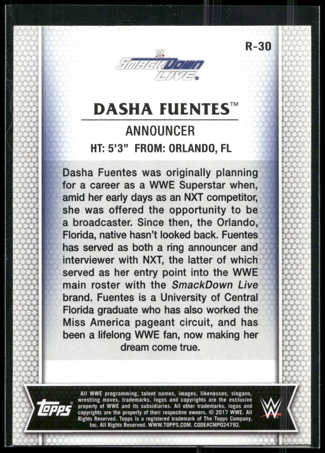 2017 Topps WWE Women's Division #R-30 Dasha Fuentes