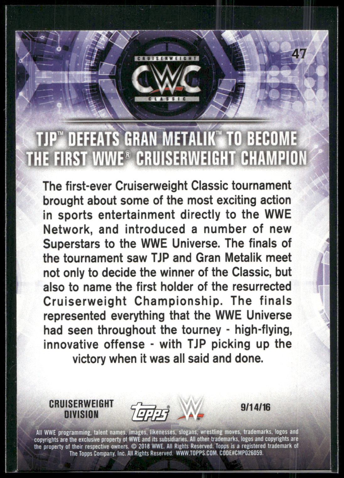 2018 Topps WWE Road To Wrestlemania #47 TJP Defeats Gran Metalik