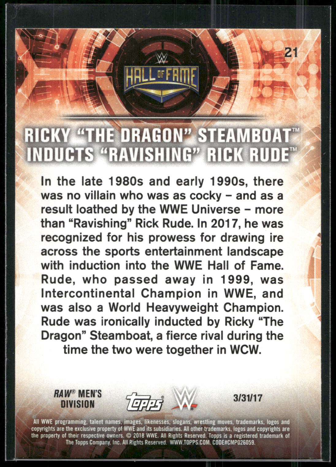 2018 Topps WWE Road To Wrestlemania #21 Ricky "The Dragon" "Ravishing" Rick Rude