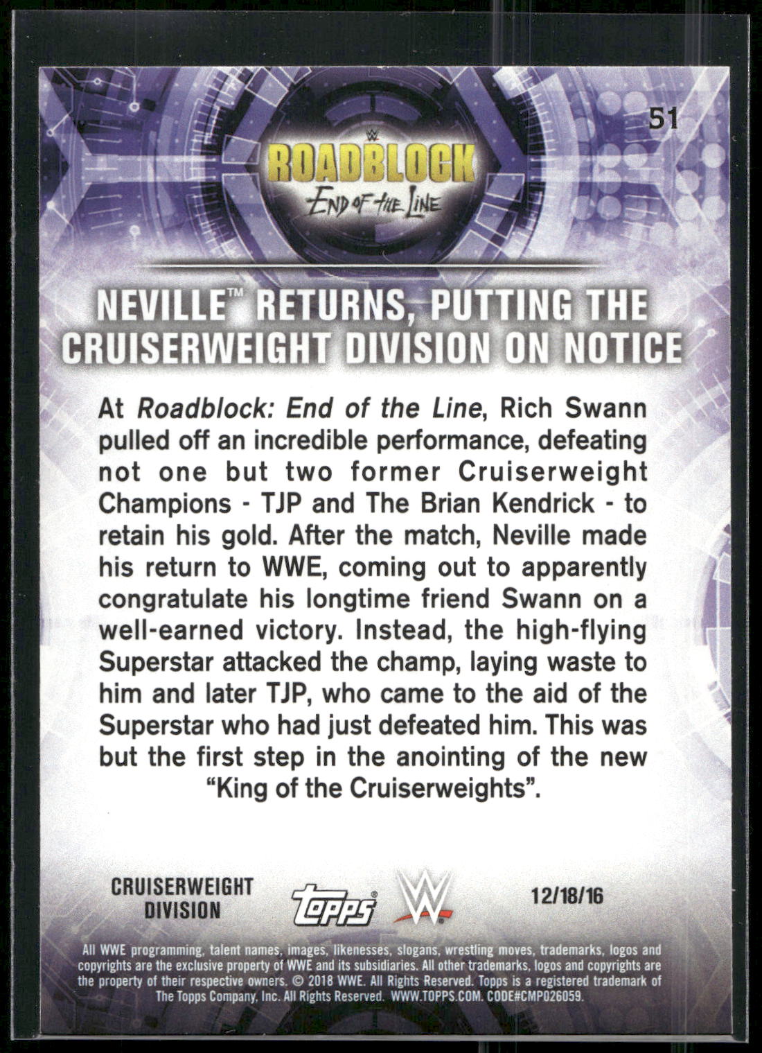 2018 Topps WWE Road To Wrestlemania #51 Neville Returns