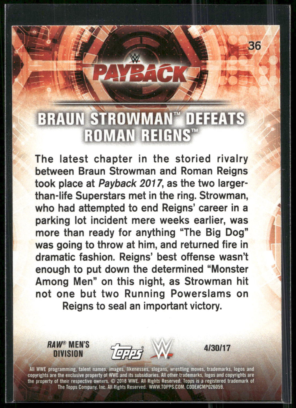 2018 Topps WWE Road To Wrestlemania #36 Braun Strowman Defeats Roman Reigns