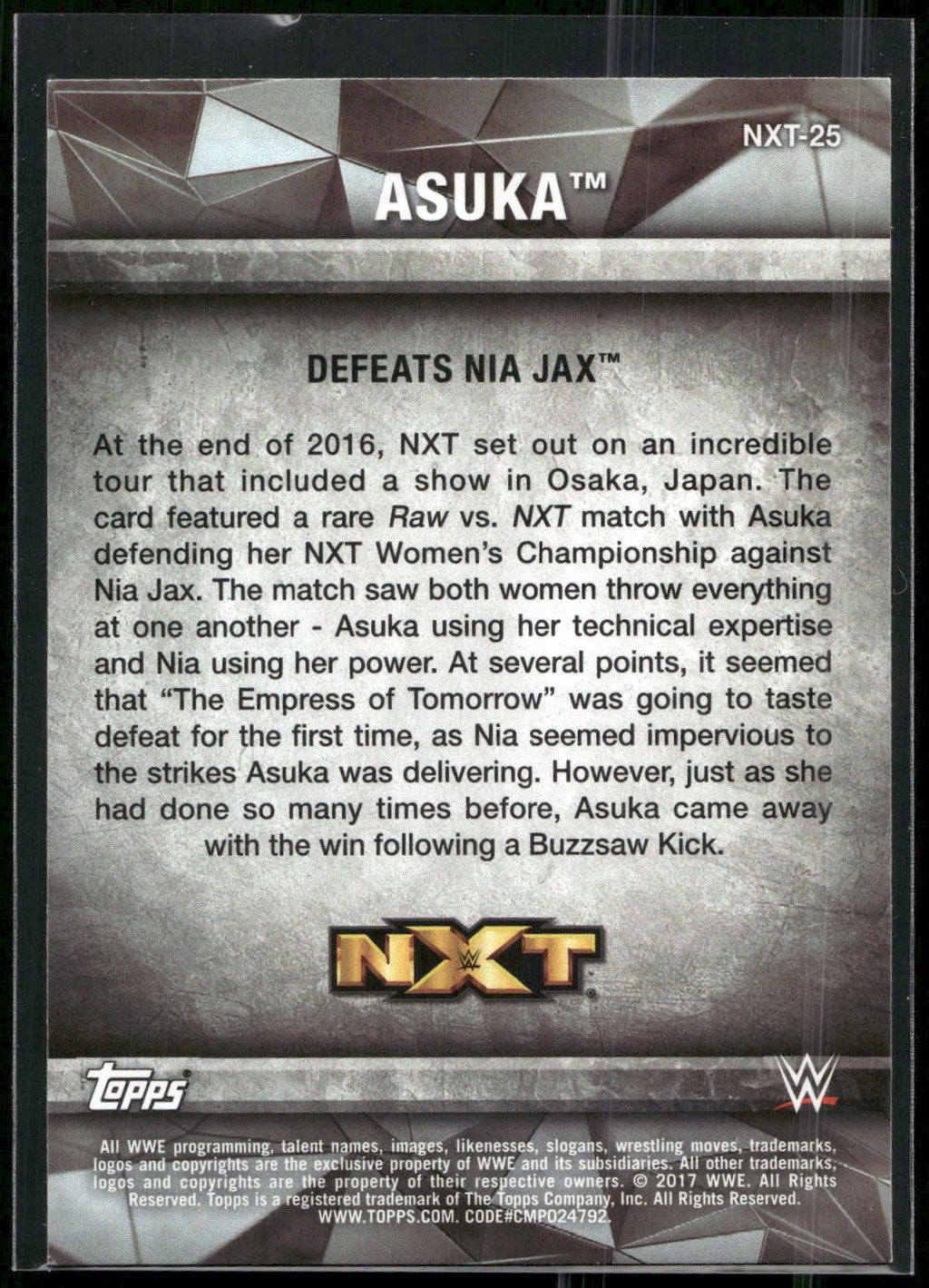 2017 Topps WWE Women's Division #NXT-25 Asuka NXT Matches and Moments