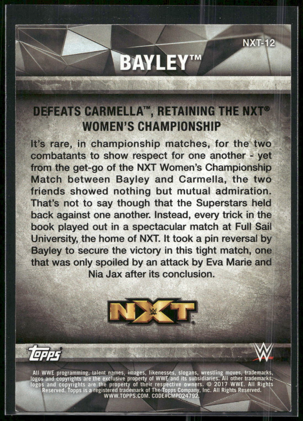 2017 Topps WWE Women's Division #NXT-12 Bayley NXT Matches and Moments