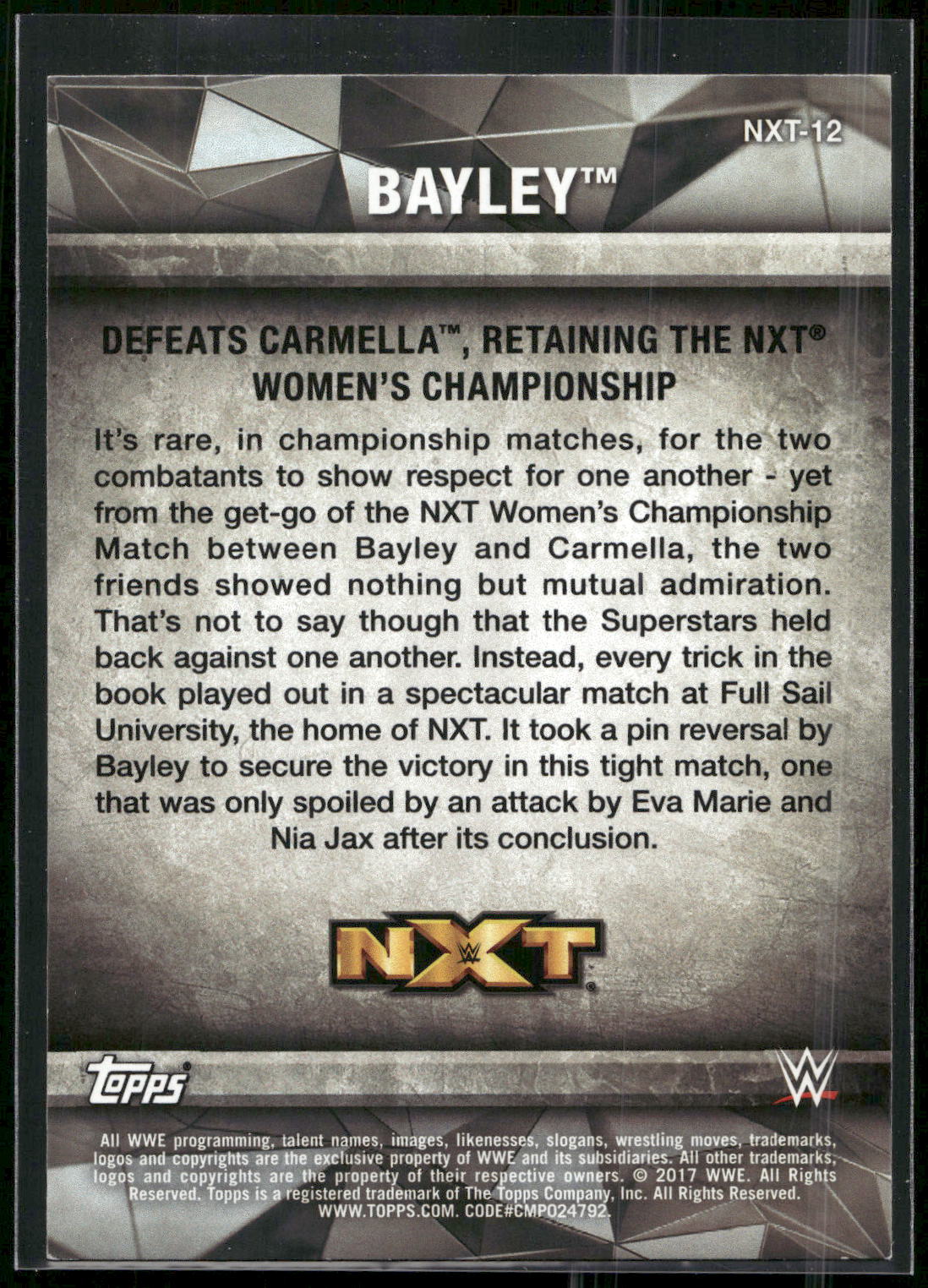 2017 Topps WWE Women's Division #NXT-12 Bayley NXT Matches and Moments
