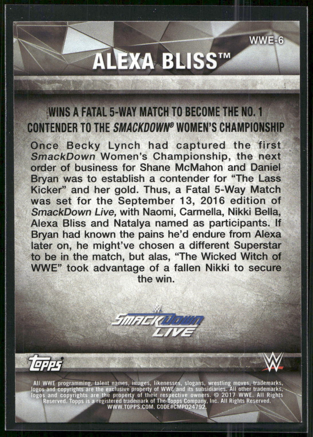 2017 Topps WWE Women's Division #WWE-6 Alexa Bliss WWE Matches and Moments