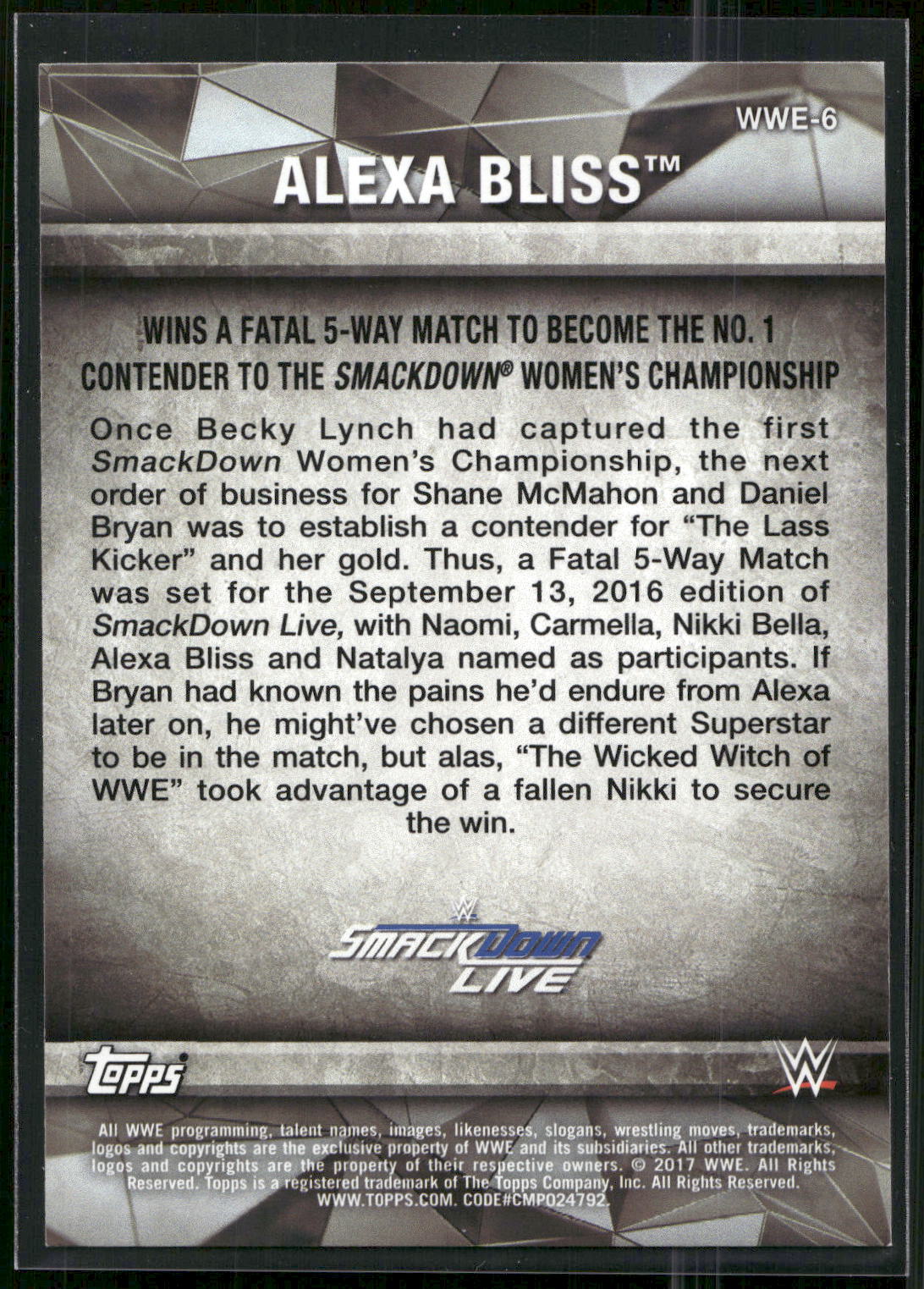 2017 Topps WWE Women's Division #WWE-6 Alexa Bliss WWE Matches and Moments