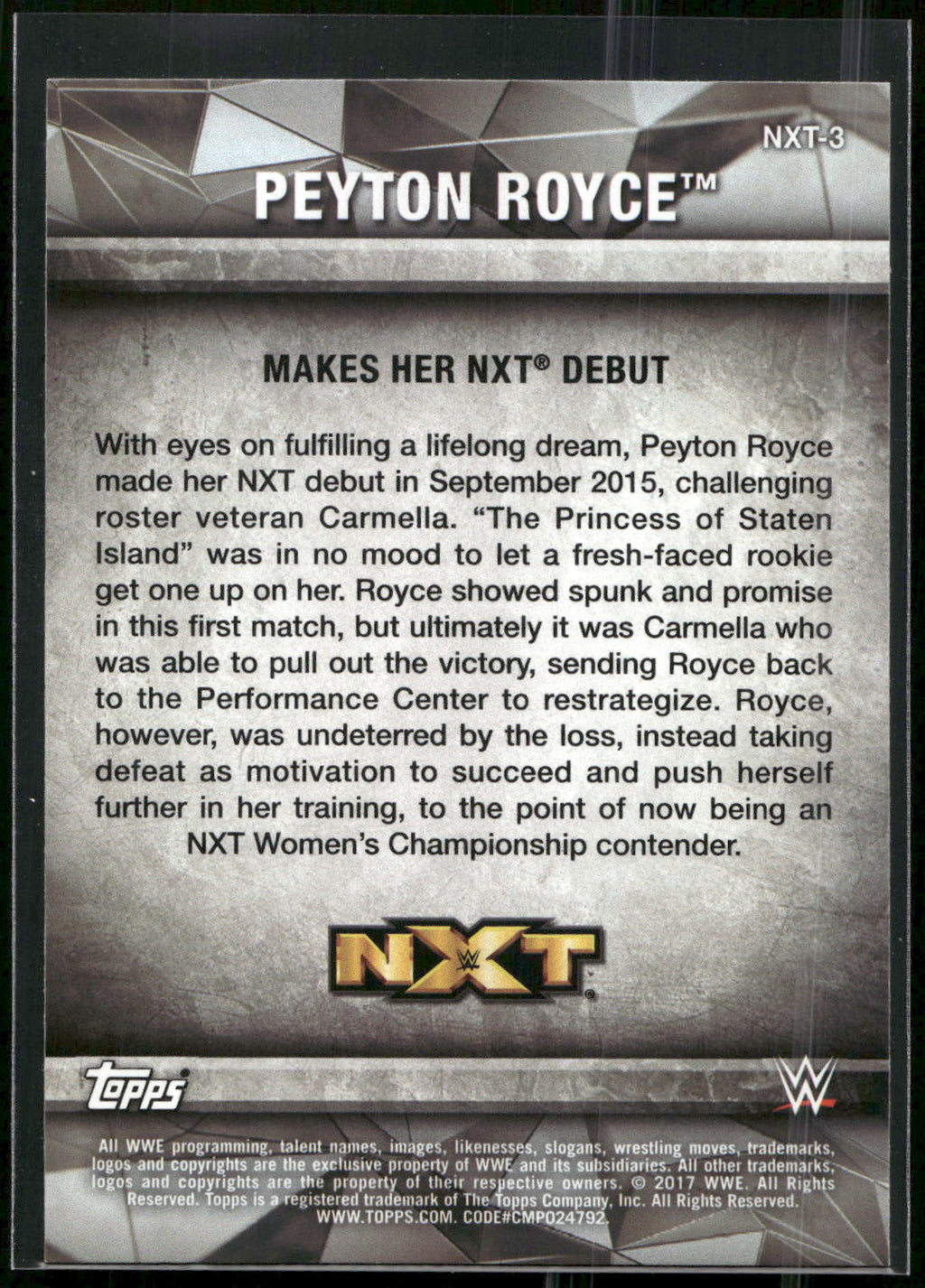 2017 Topps WWE Women's Division #NXT-3 Peyton Royce NXT Matches and Moments