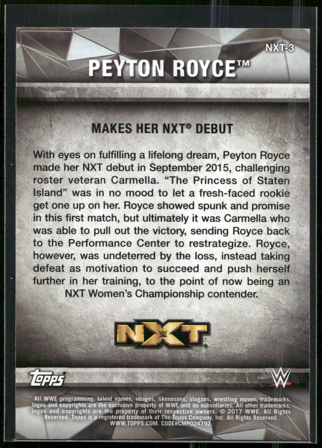 2017 Topps WWE Women's Division #NXT-3 Peyton Royce NXT Matches and Moments