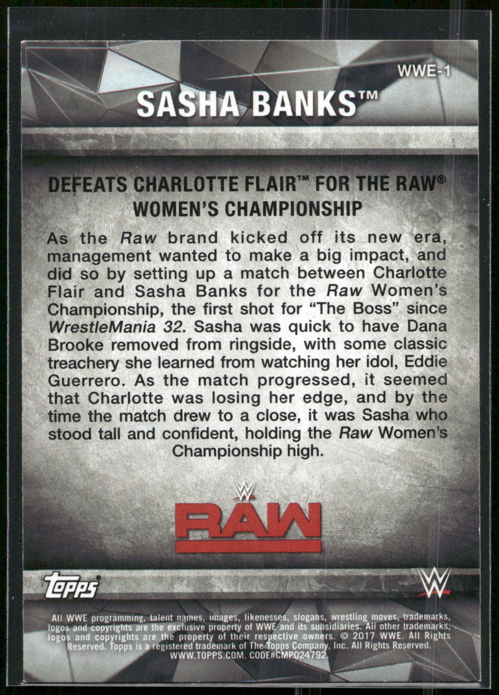 2017 Topps WWE Women's Division #WWE-1 Sasha Banks WWE Matches and Moments