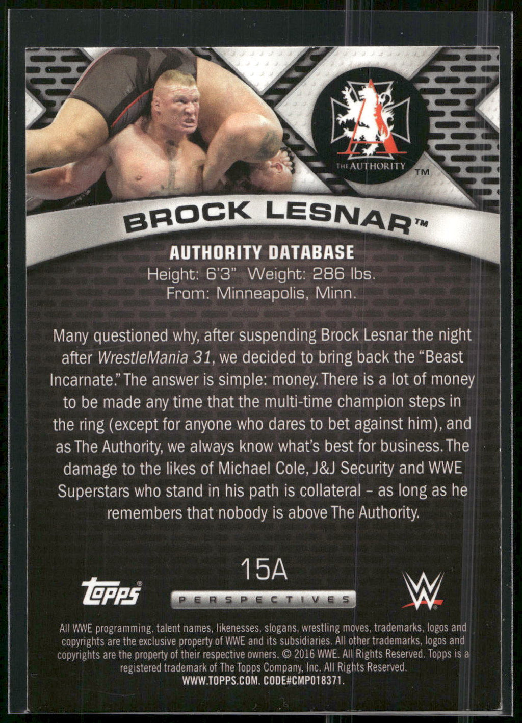 2016 Topps WWE #15A Brock Lesnar Authority Database