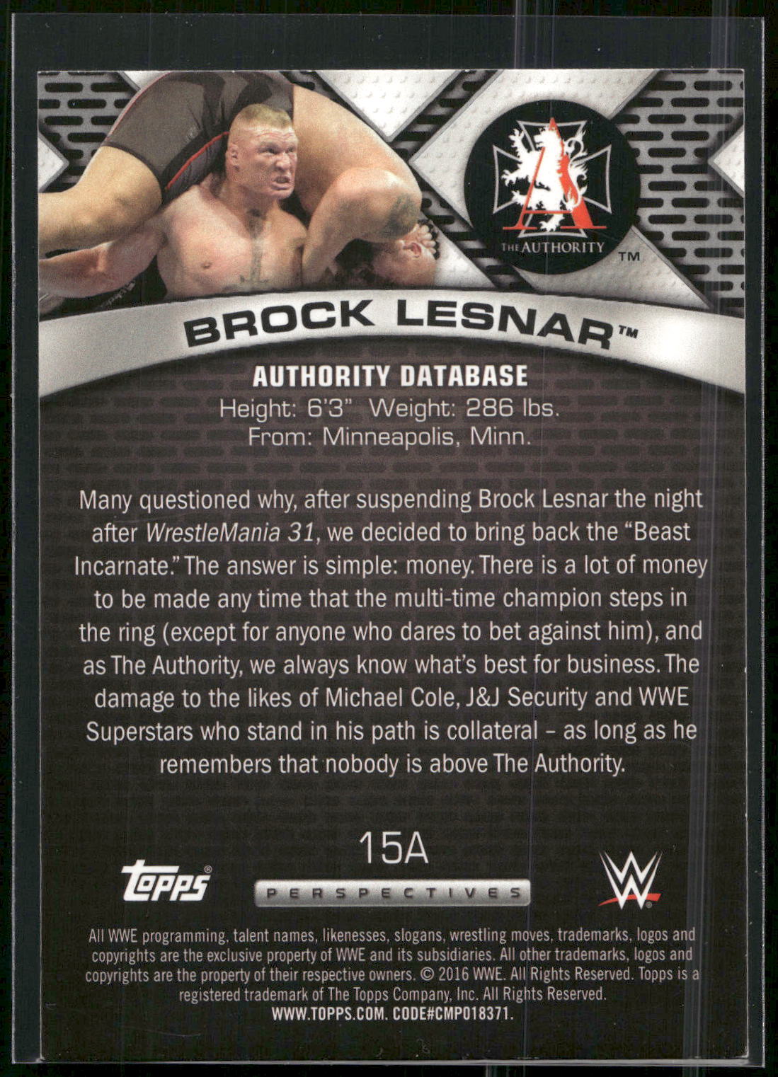 2016 Topps WWE #15A Brock Lesnar Authority Database