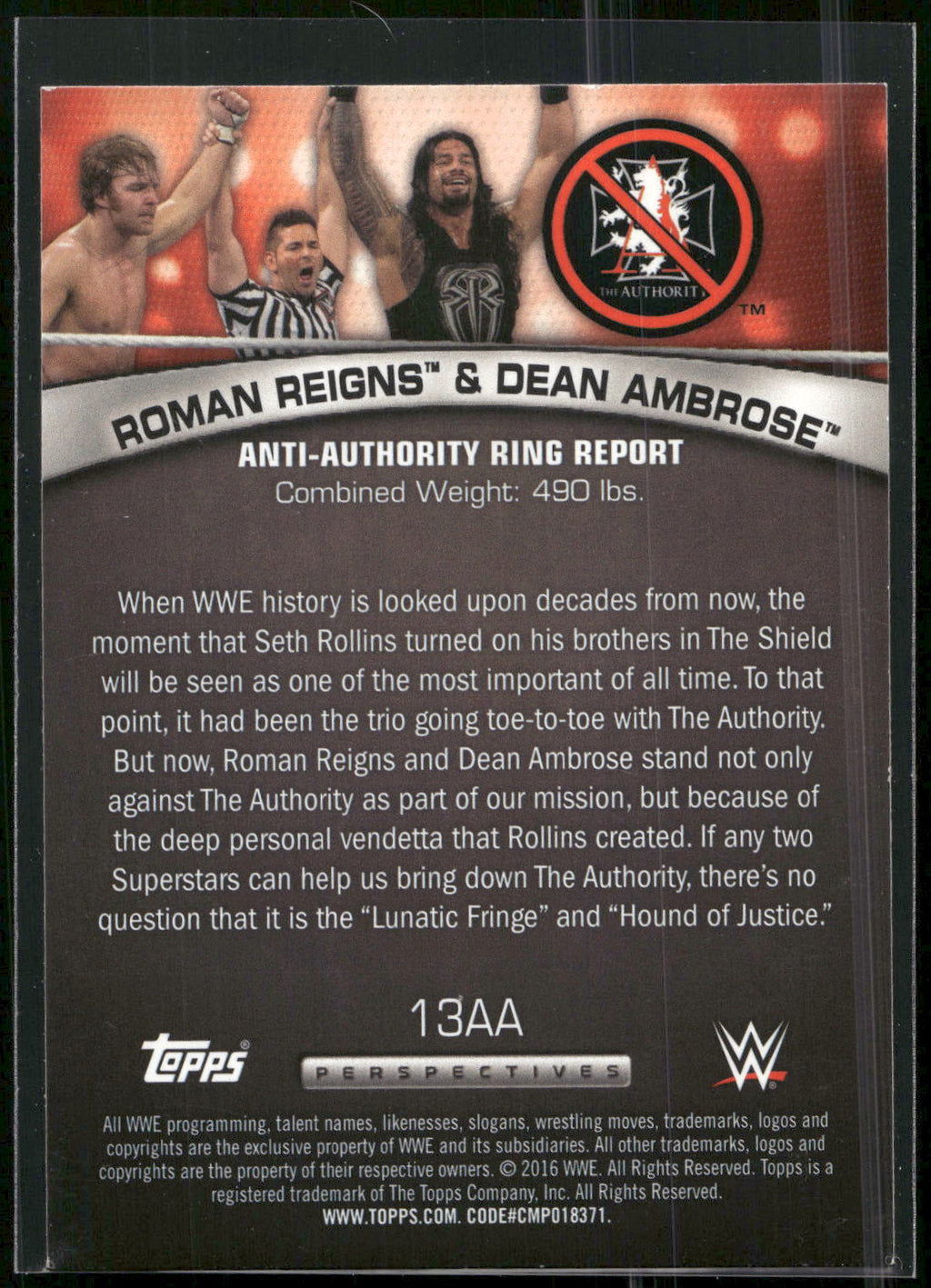 2016 Topps WWE #13AA Roman Reigns / Dean Ambrose Anti-Authority Ring Report