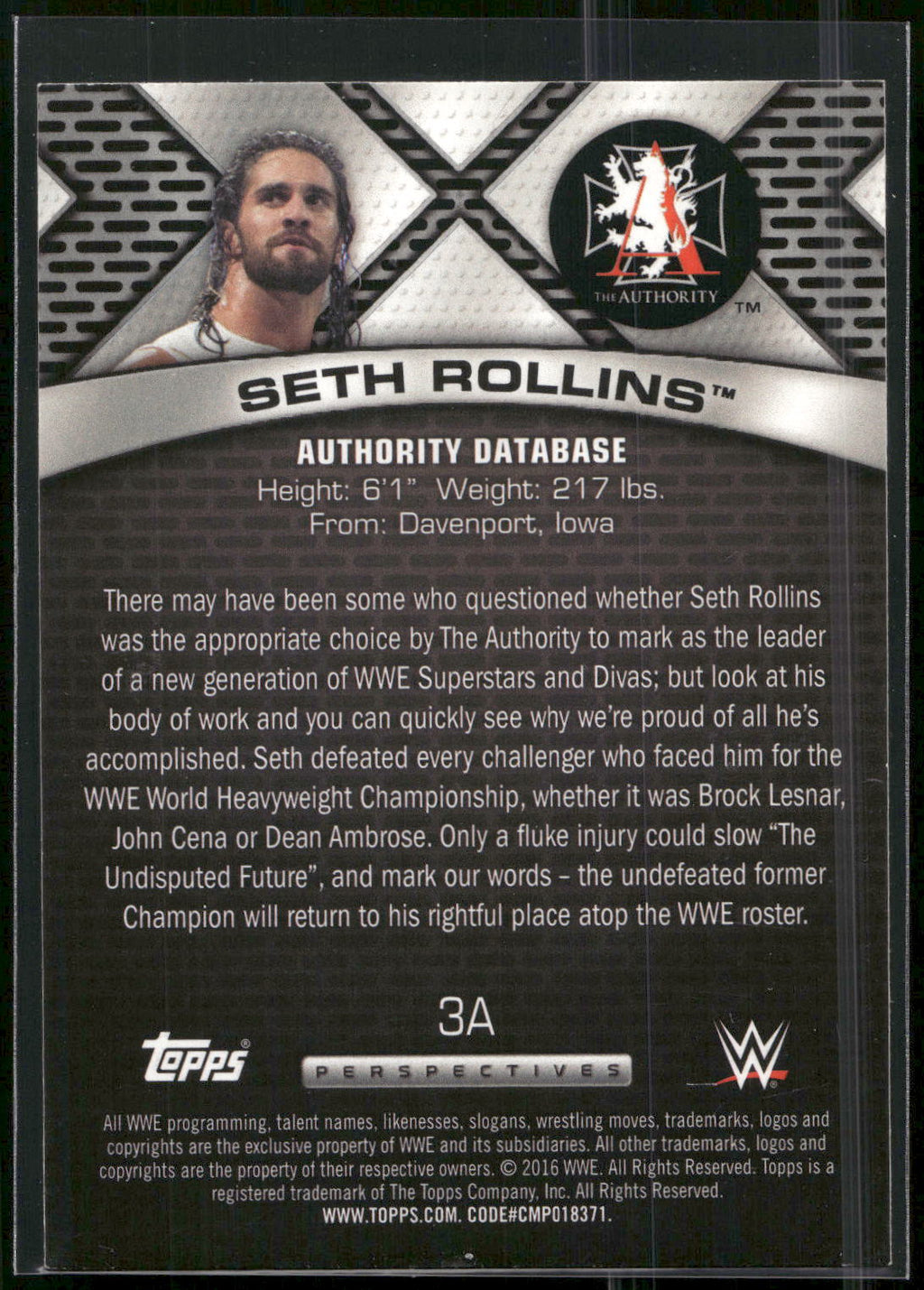 2016 Topps WWE #3A Seth Rollins Authority Database