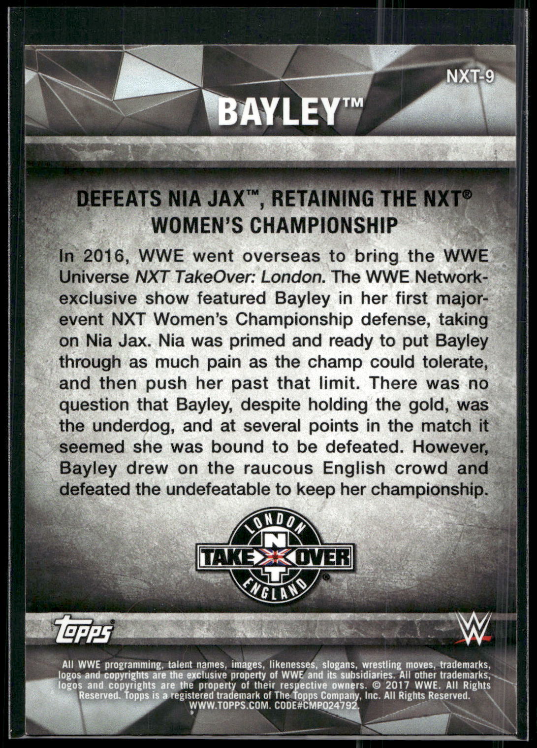 2017 Topps WWE Women's Division #NXT-9 Bayley NXT Matches and Moments