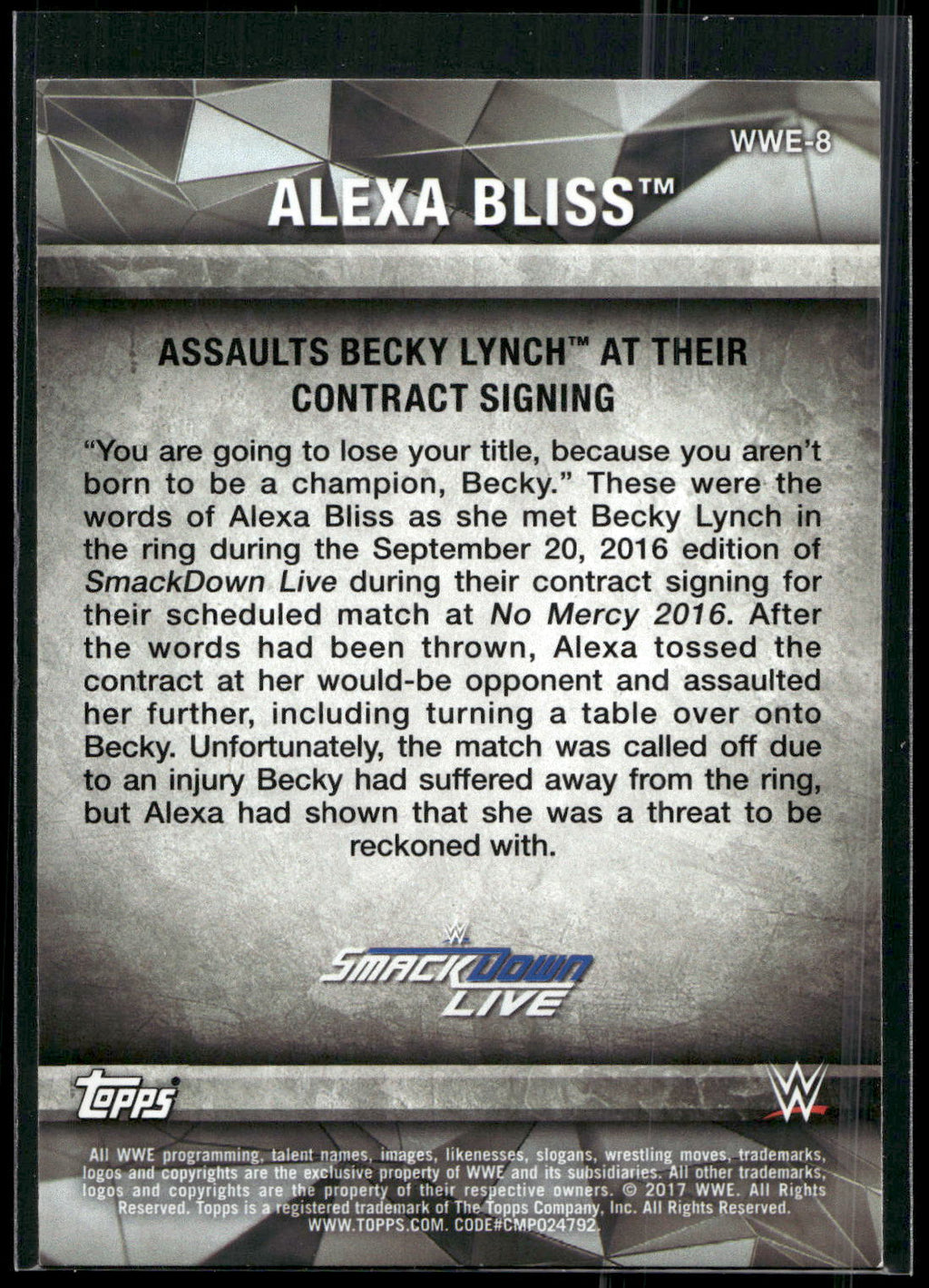 2017 Topps WWE Women's Division #WWE-8 Alexa Bliss WWE Matches and Moments