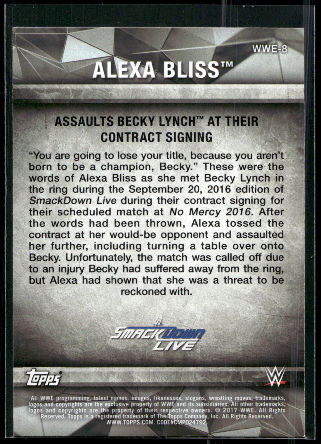 2017 Topps WWE Women's Division #WWE-8 Alexa Bliss WWE Matches and Moments
