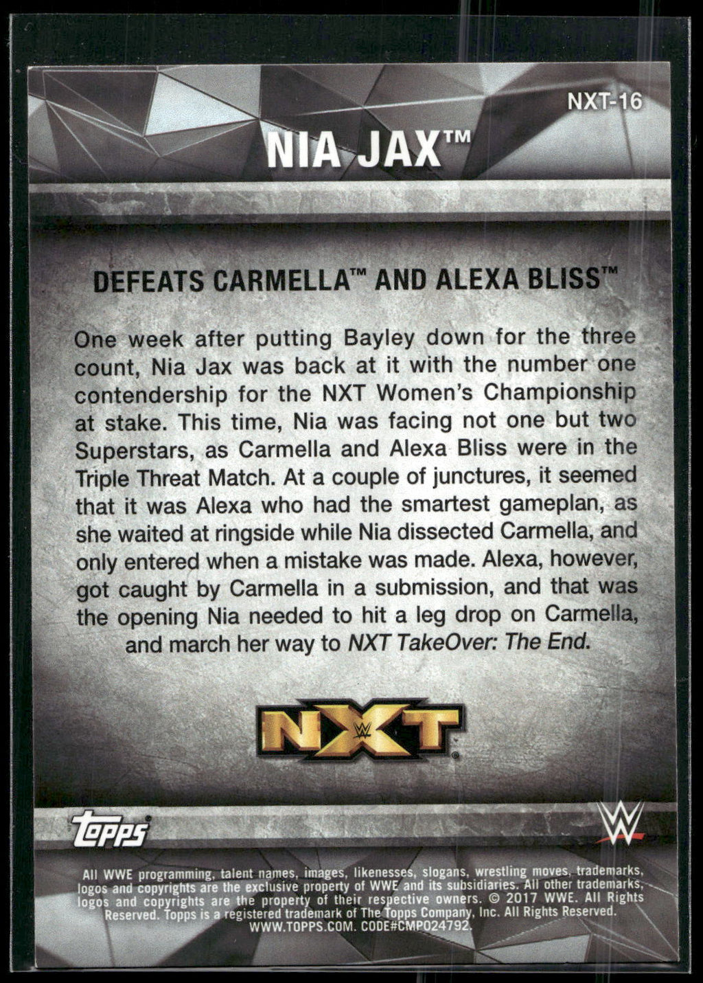 2017 Topps WWE Women's Division #NXT-16 Nia Jax NXT Matches and Moments