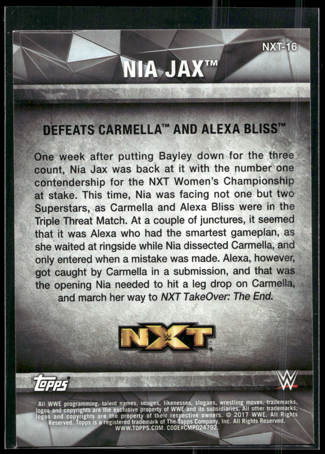 2017 Topps WWE Women's Division #NXT-16 Nia Jax NXT Matches and Moments