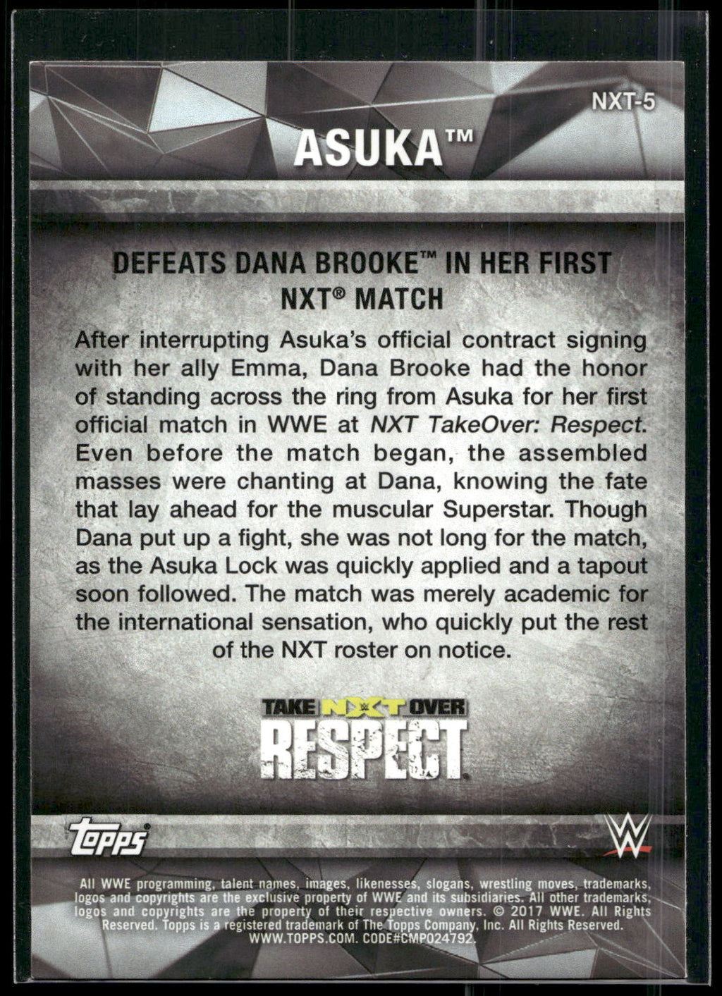 2017 Topps WWE Women's Division #NXT-5 Asuka NXT Matches and Moments