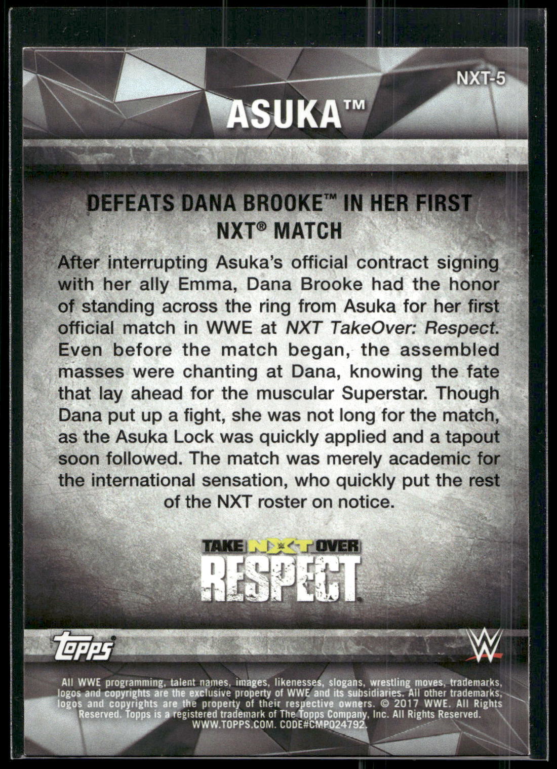 2017 Topps WWE Women's Division #NXT-5 Asuka NXT Matches and Moments
