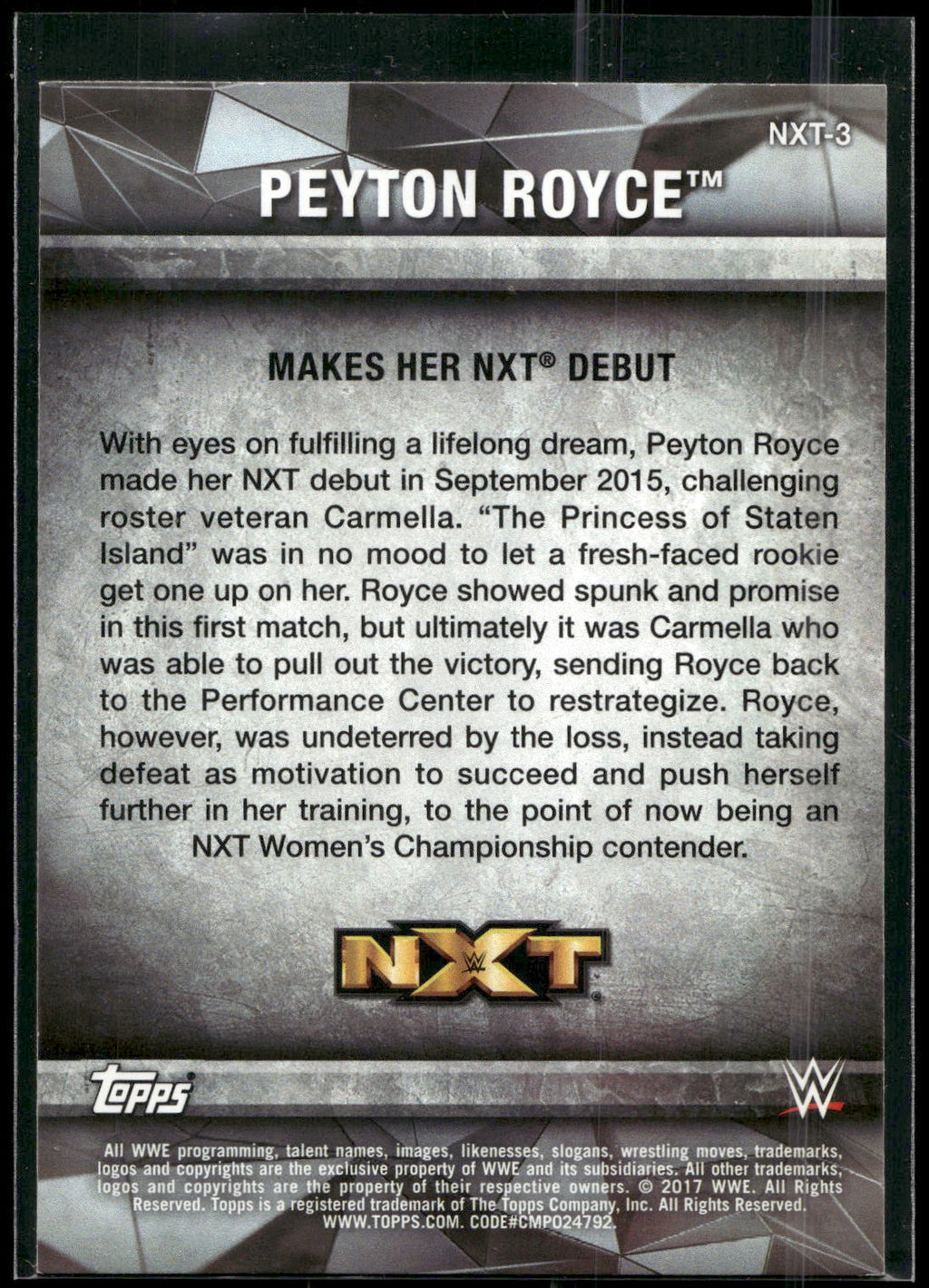 2017 Topps WWE Women's Division #NXT-3 Peyton Royce NXT Matches and Moments