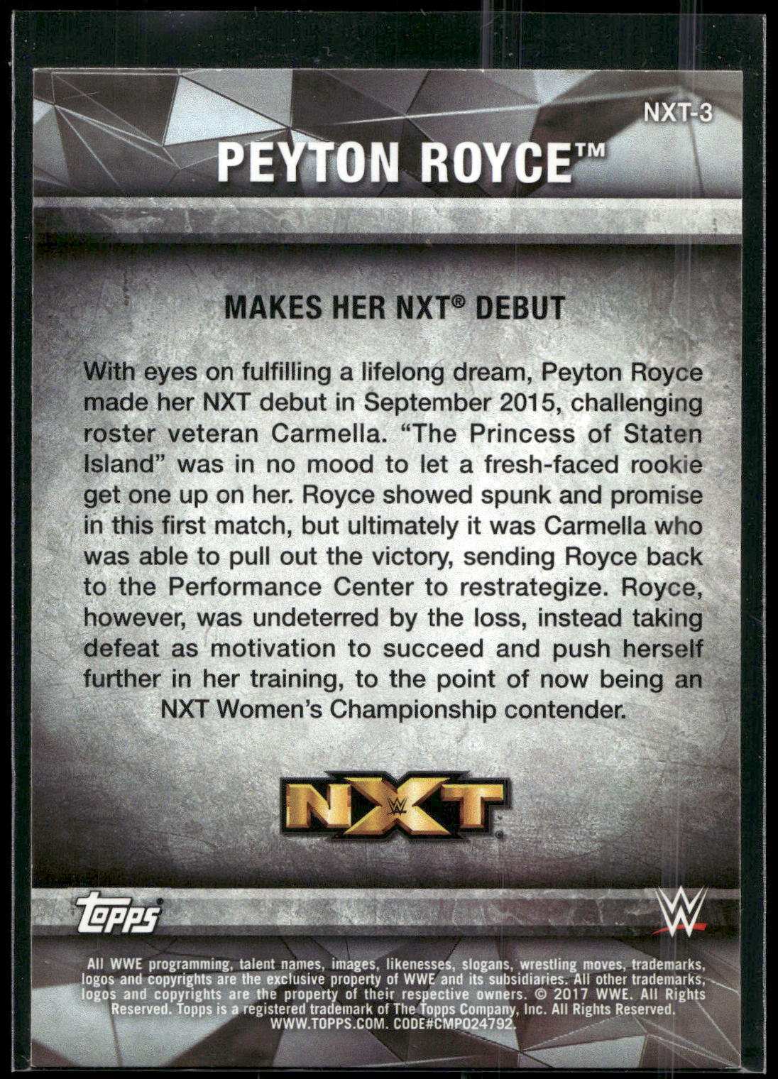 2017 Topps WWE Women's Division #NXT-3 Peyton Royce NXT Matches and Moments