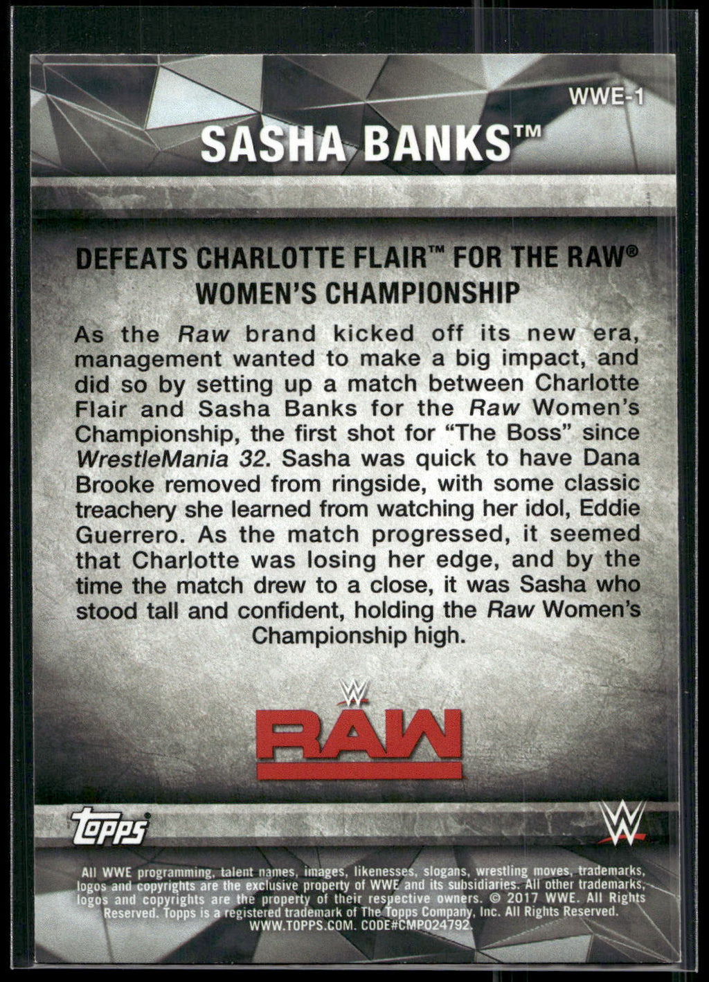 2017 Topps WWE Women's Division #WWE-1 Sasha Banks WWE Matches and Moments
