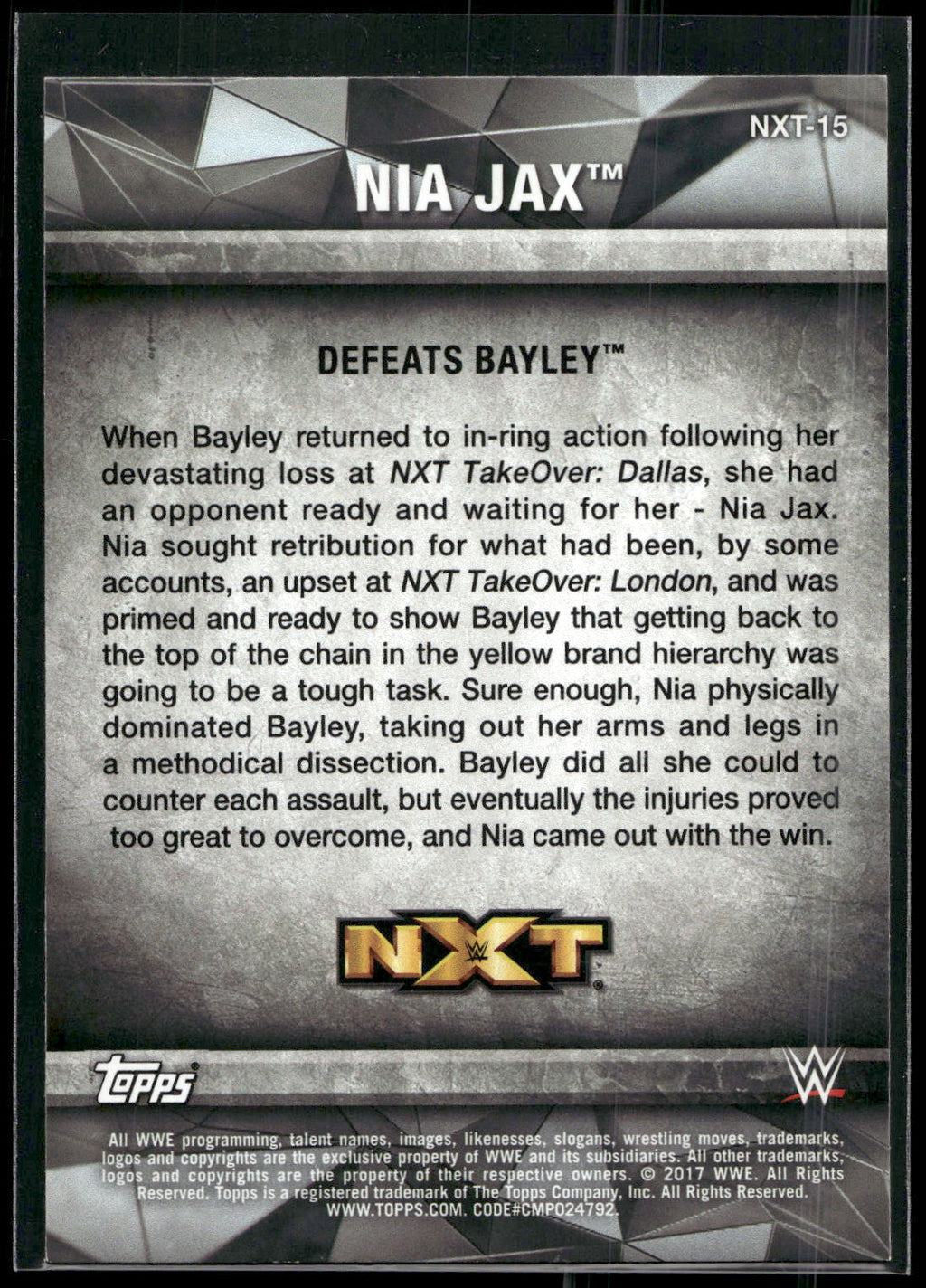 2017 Topps WWE Women's Division #NXT-15 Nia Jax NXT Matches and Moments