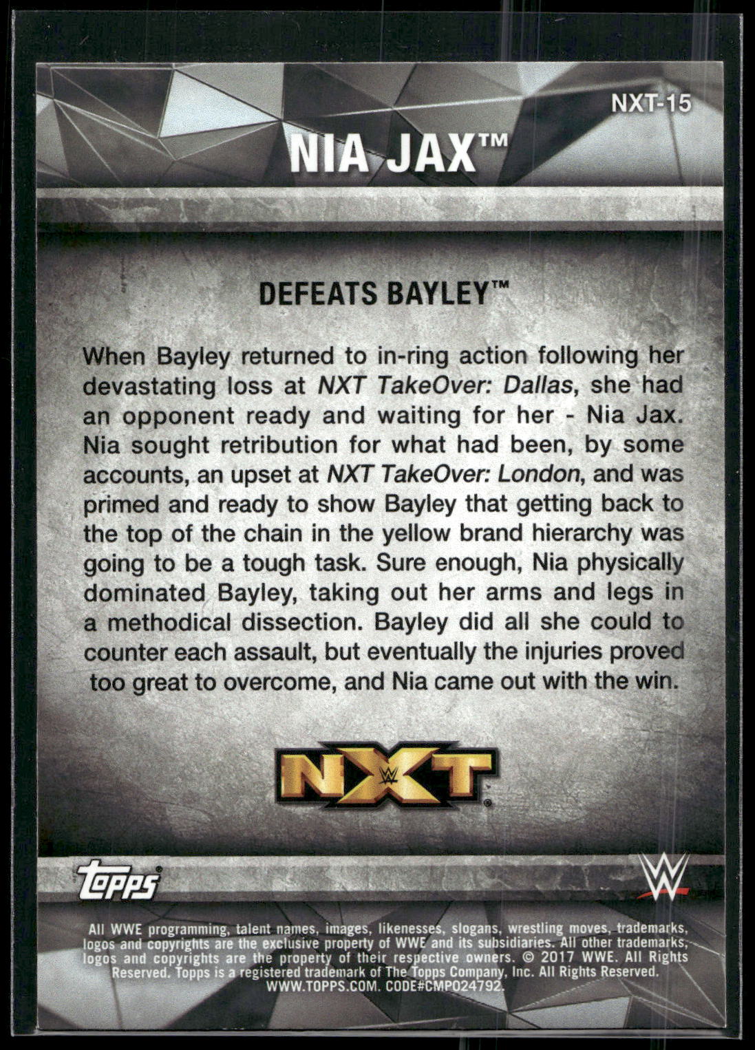2017 Topps WWE Women's Division #NXT-15 Nia Jax NXT Matches and Moments