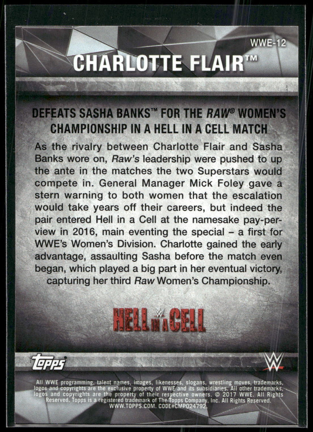2017 Topps WWE Women's Division #WWE-12 Charlotte WWE Matches and Moments
