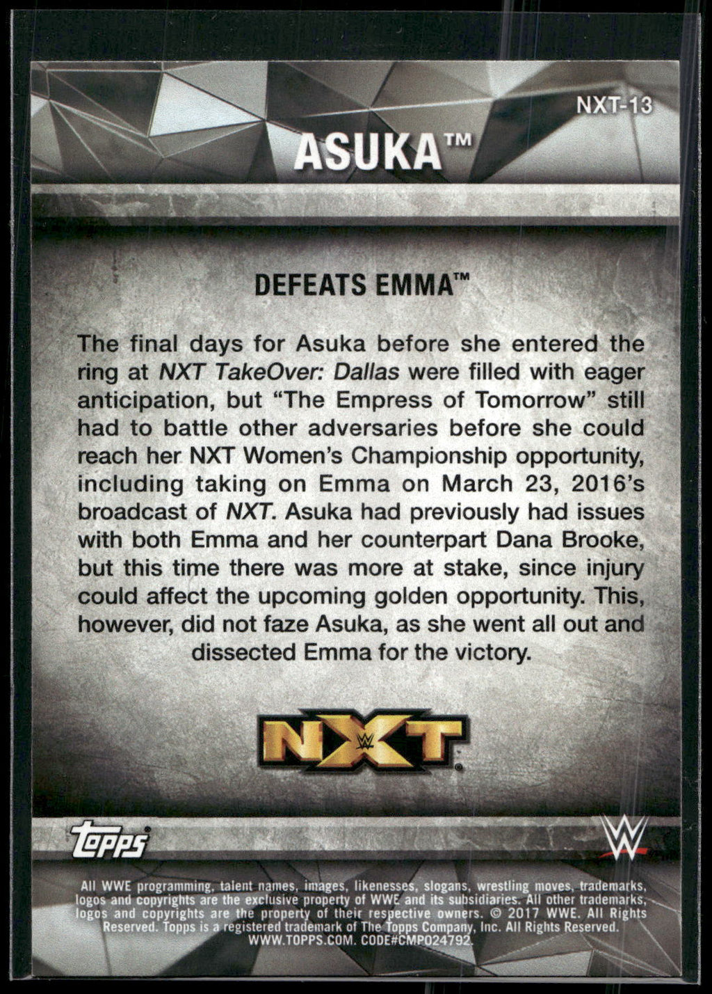 2017 Topps WWE Women's Division #NXT-13 Asuka NXT Matches and Moments