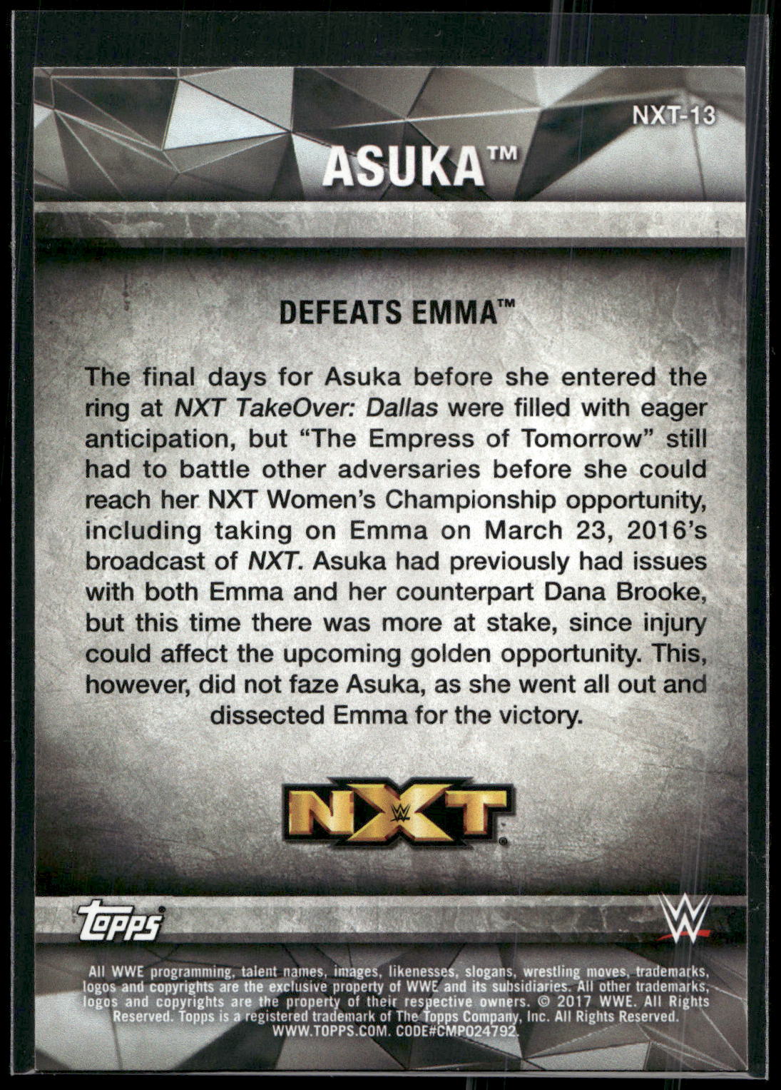 2017 Topps WWE Women's Division #NXT-13 Asuka NXT Matches and Moments