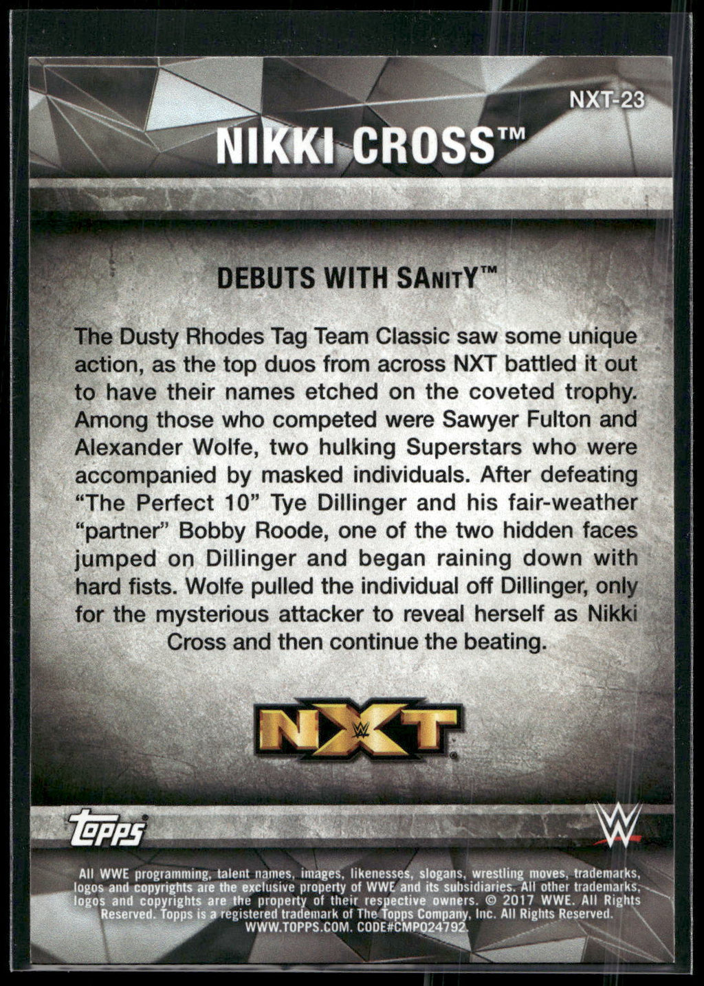 2017 Topps WWE Women's Division #NXT-23 Nikki Cross NXT Matches and Moments
