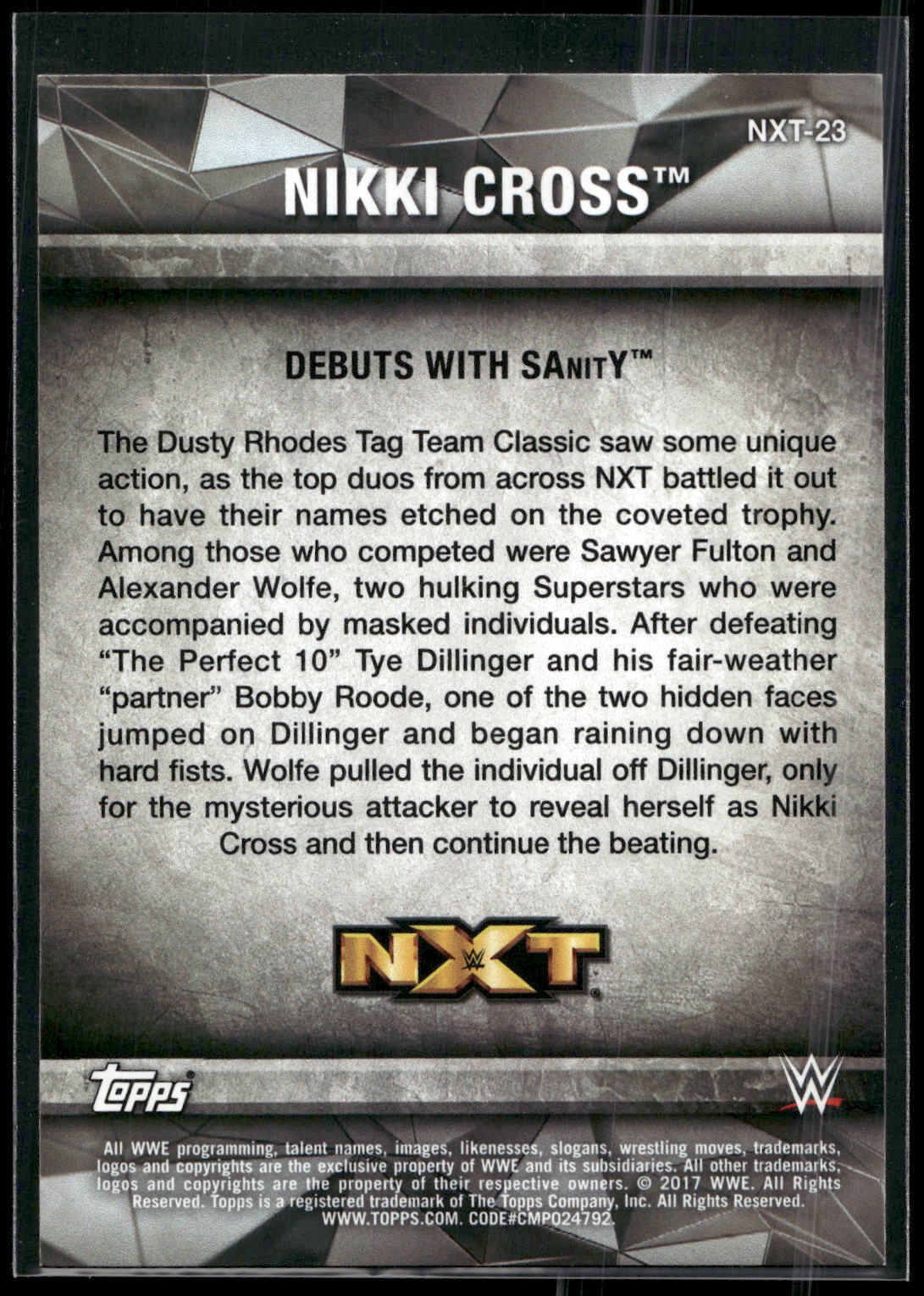 2017 Topps WWE Women's Division #NXT-23 Nikki Cross NXT Matches and Moments
