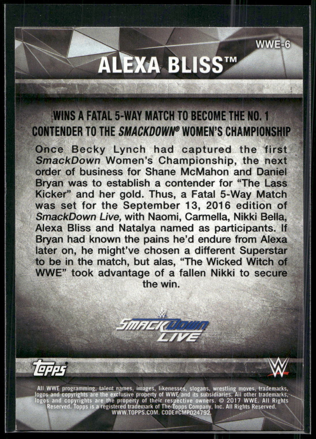 2017 Topps WWE Women's Division #WWE-6 Alexa Bliss WWE Matches and Moments