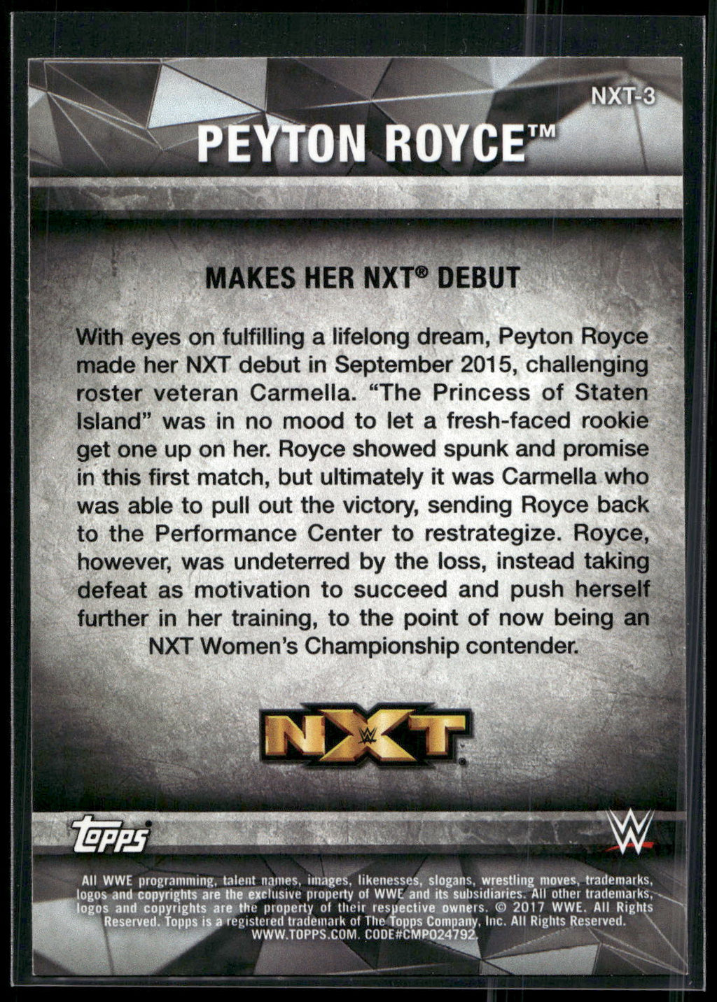 2017 Topps WWE Women's Division #NXT-3 Peyton Royce NXT Matches and Moments