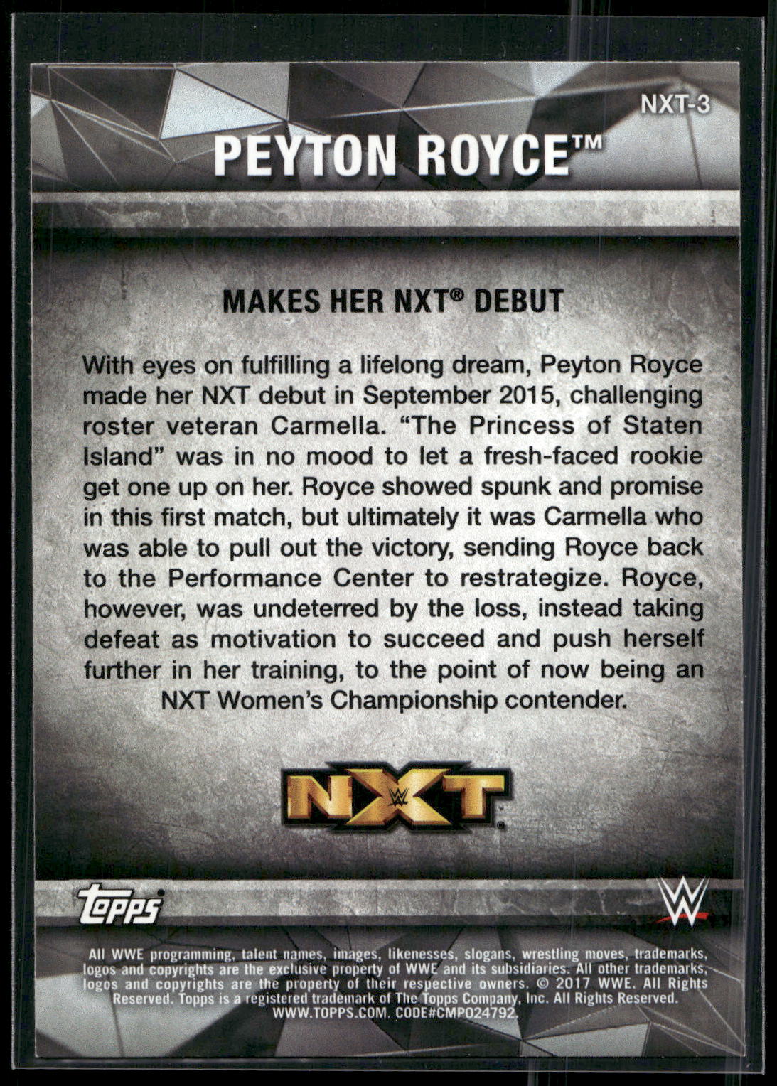 2017 Topps WWE Women's Division #NXT-3 Peyton Royce NXT Matches and Moments