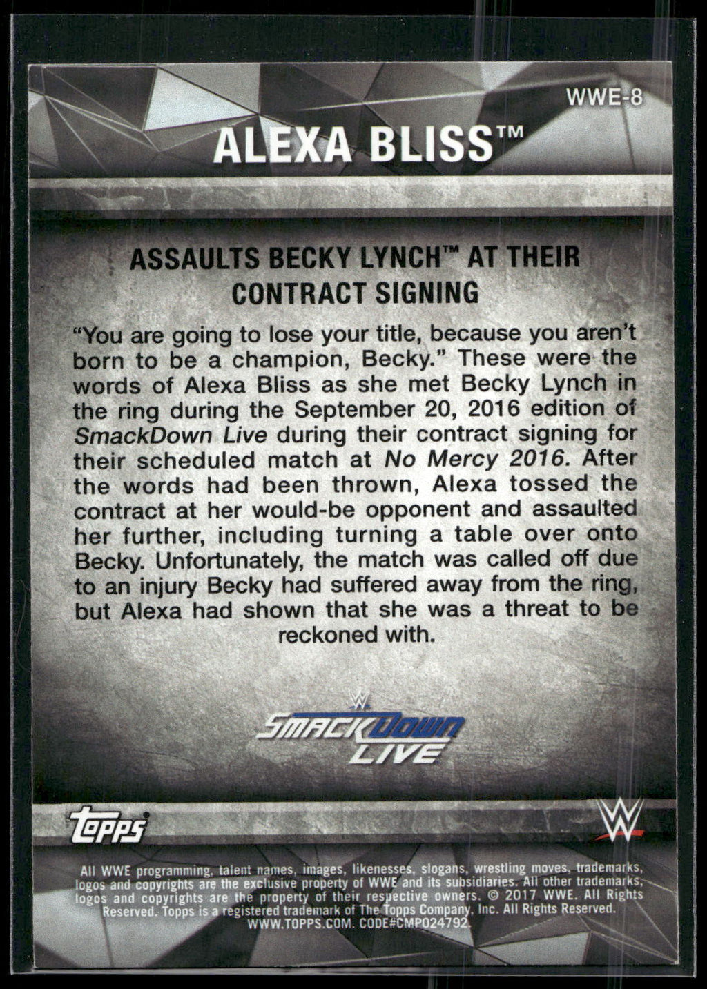 2017 Topps WWE Women's Division #WWE-8 Alexa Bliss WWE Matches and Moments