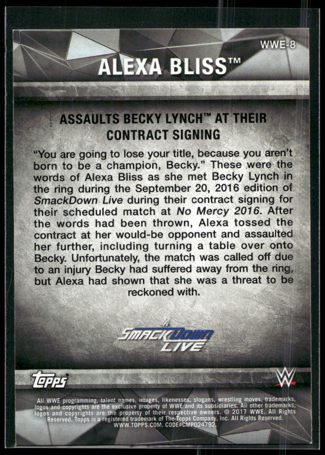 2017 Topps WWE Women's Division #WWE-8 Alexa Bliss WWE Matches and Moments
