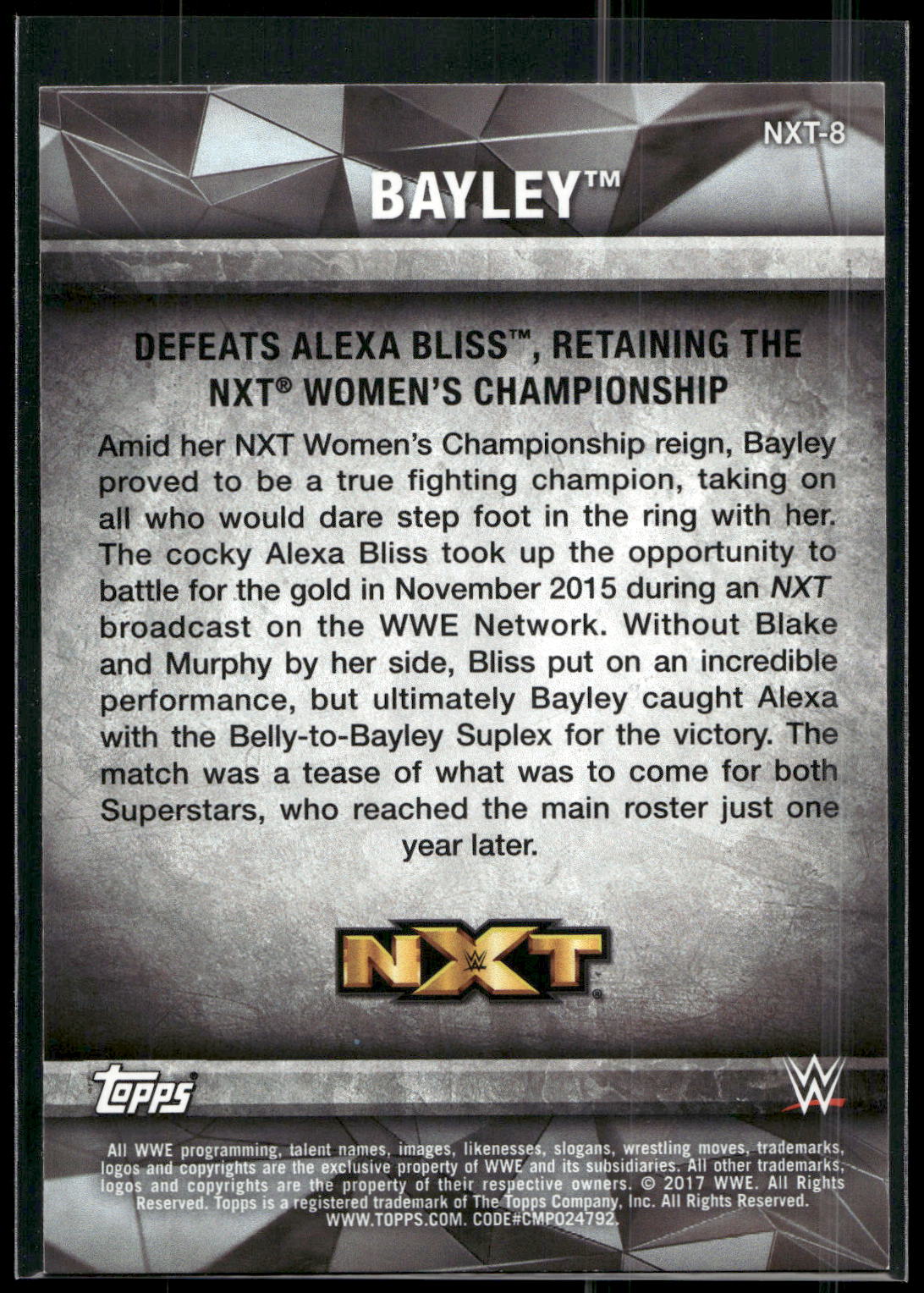 2017 Topps WWE Women's Division #NXT-8 Bayley NXT Matches and Moments